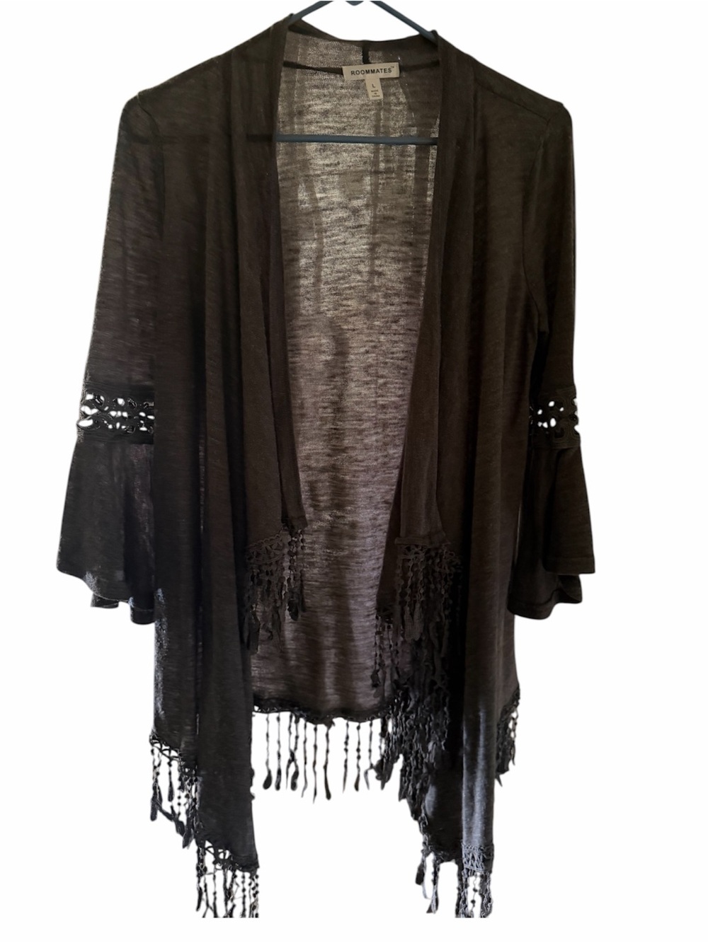 Roommates grey Fringe Open-Front Shrug with Eyelet Bell Sleeves